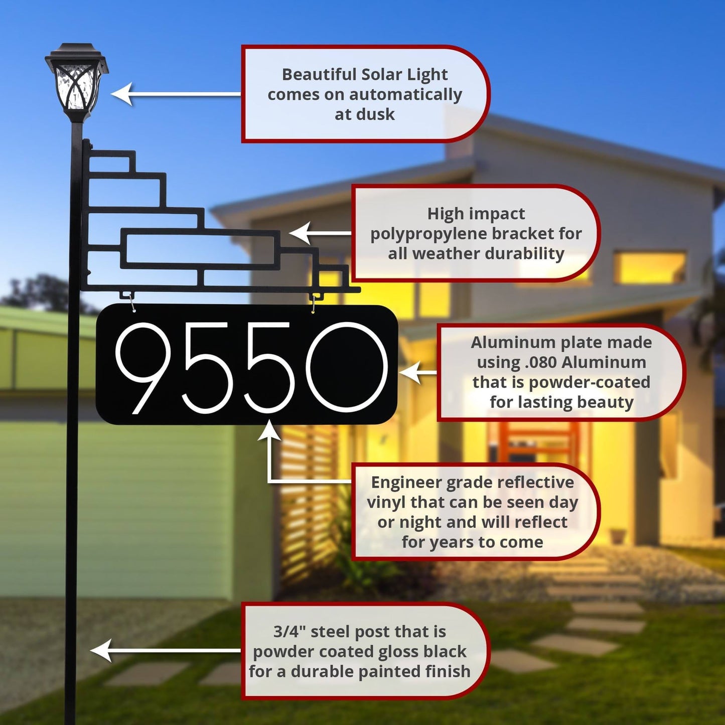 Address America XL Contemporary Reflective 911 Yard Address Sign with Decorative Solar Light - 6" Numbers on Both Sides