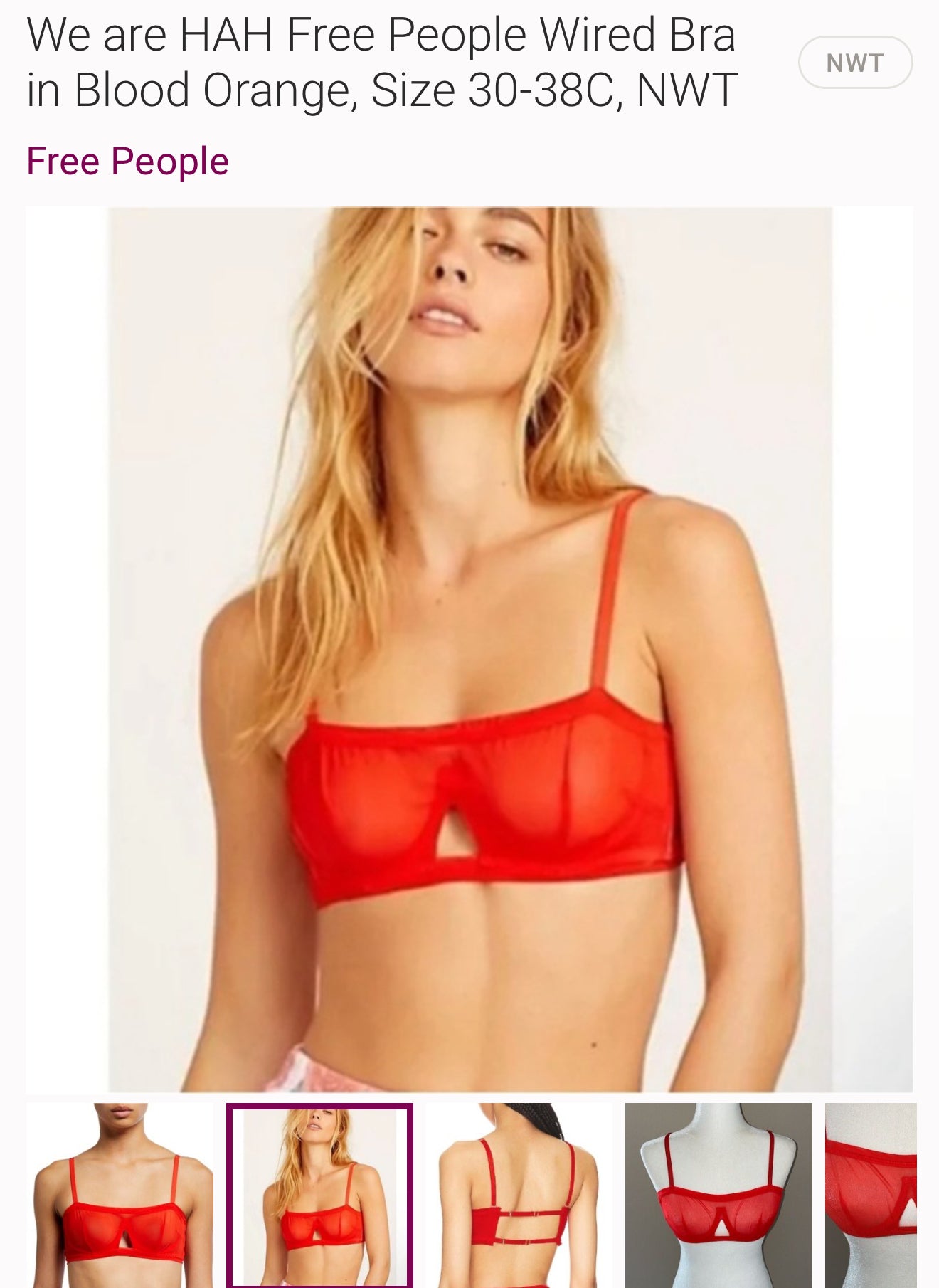 Free People We are Hah Wired Bras Lingerie Blood Orange 30-38 A