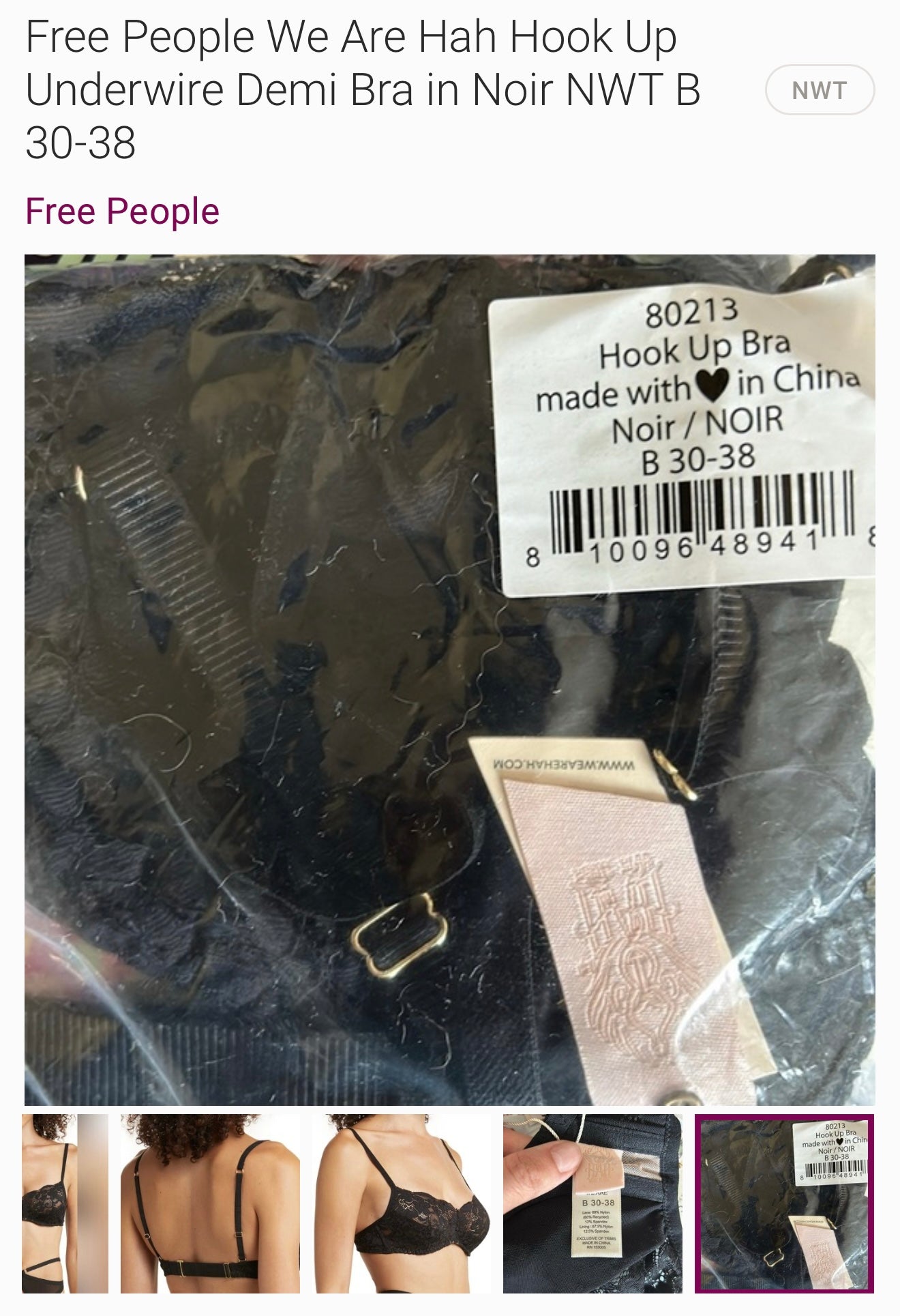 Free People We Are Hah Hook Up Underwire Demi Bra in Noir NWT B 30-38