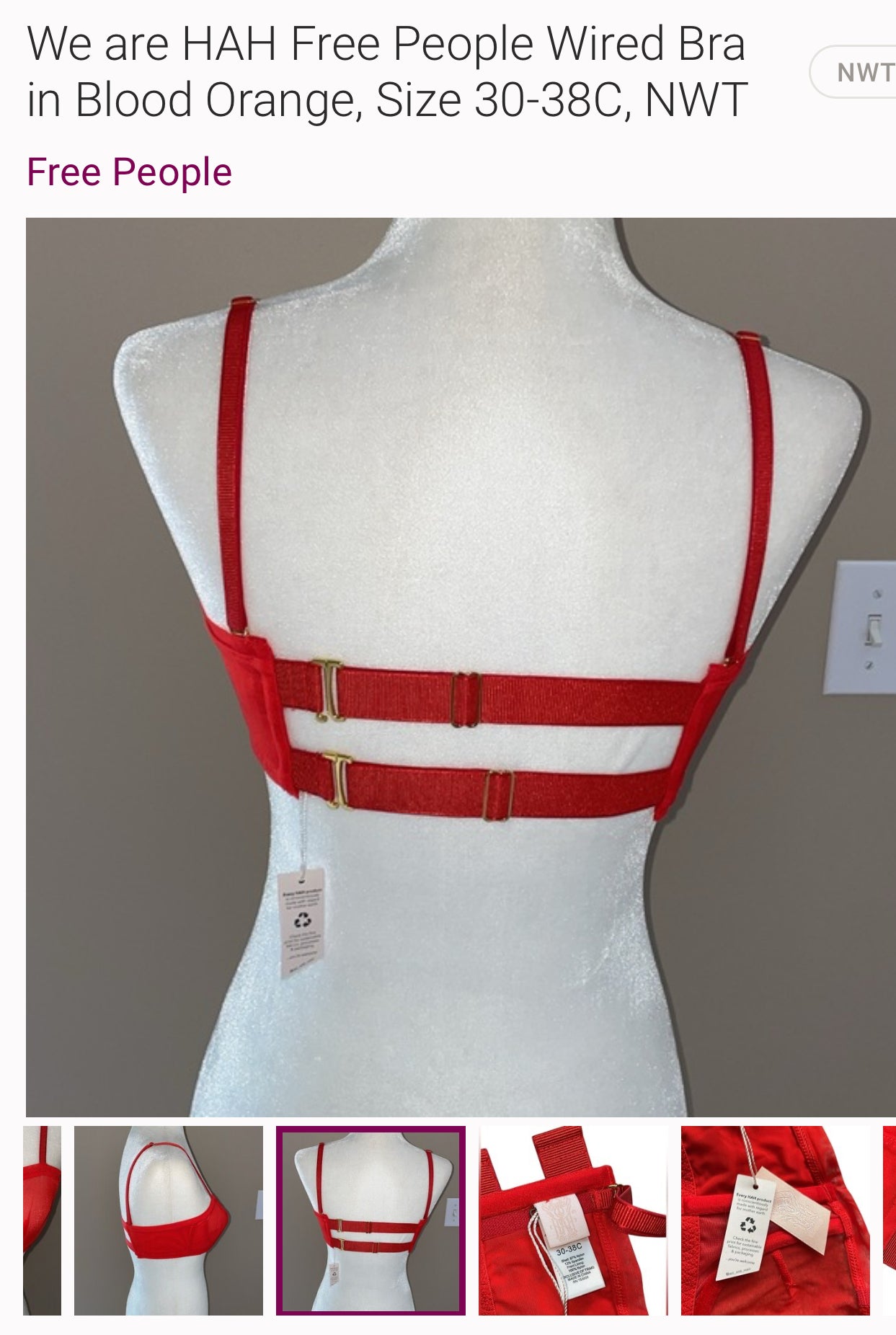 Free People We are Hah Wired Bras Lingerie Blood Orange 30-38 A