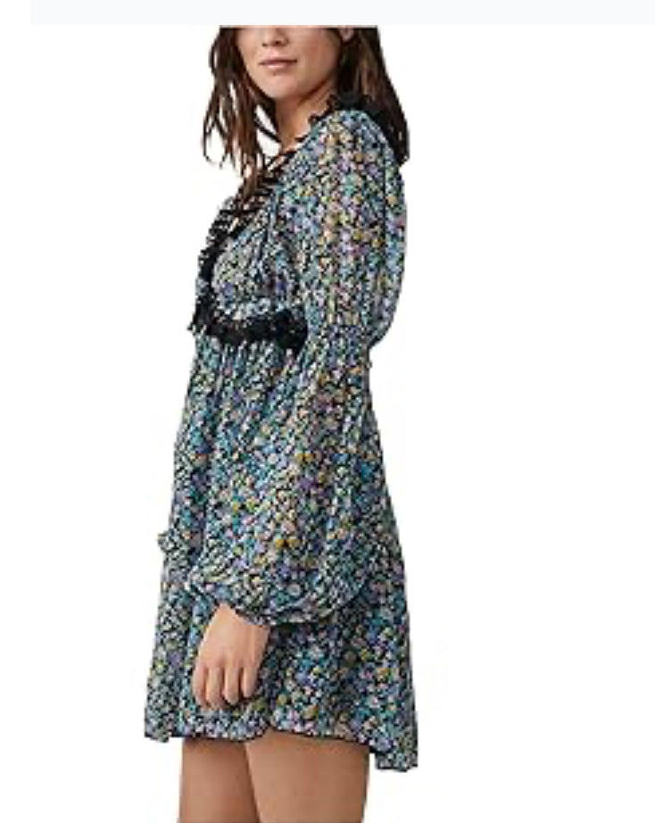 Free People Pennie Mini Dress for Women - Puffer Sleeves with Elastic Armband, Airy and Comfortable Mini Dress Black XS (Women's 0-2) One Size