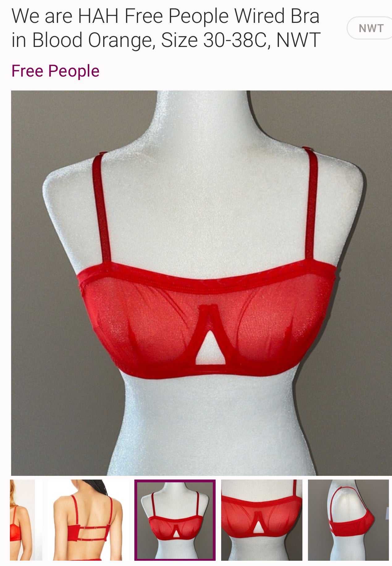 Free People We are Hah Wired Bras Lingerie Blood Orange 30-38 A