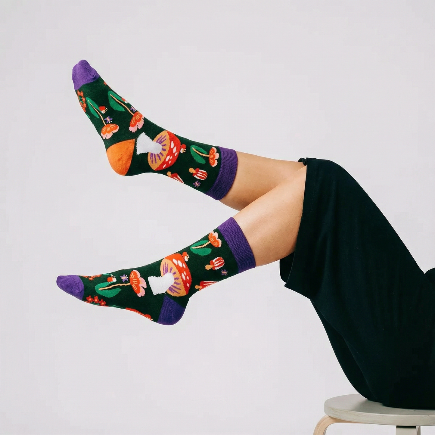 Amanita Trippy Mushroom Black Cotton Crew Socks | Dark Botanical Aesthetic | Poisonous Mushroom