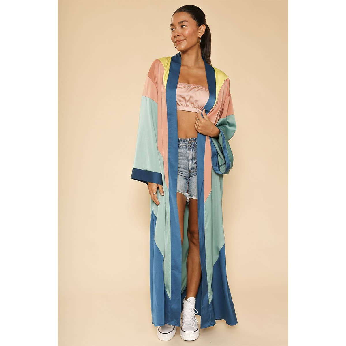 Chevron Kimono Big Long Textured Satin Duster | Light Jacket, Outdoor Robe, Swimsuit Coverup | Sizes SM-XL