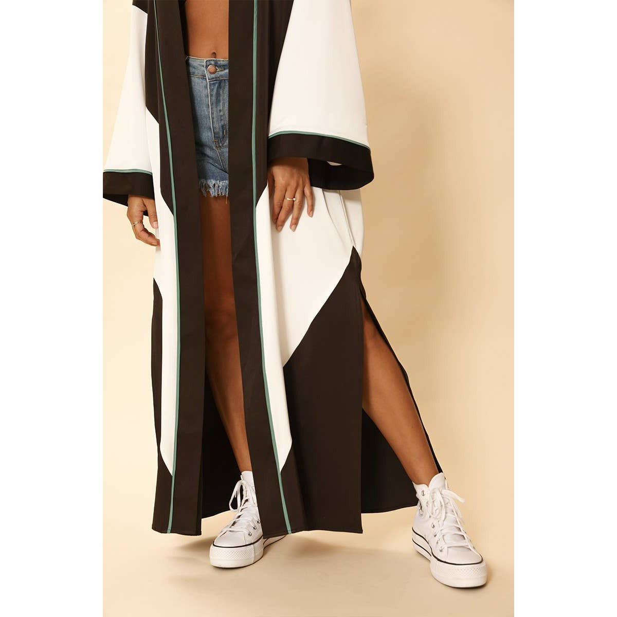 Chevron Kimono in Black and White Big Long Textured Satin Duster | Light Jacket, Outdoor Robe, Swimsuit Coverup | Sizes SM-XL