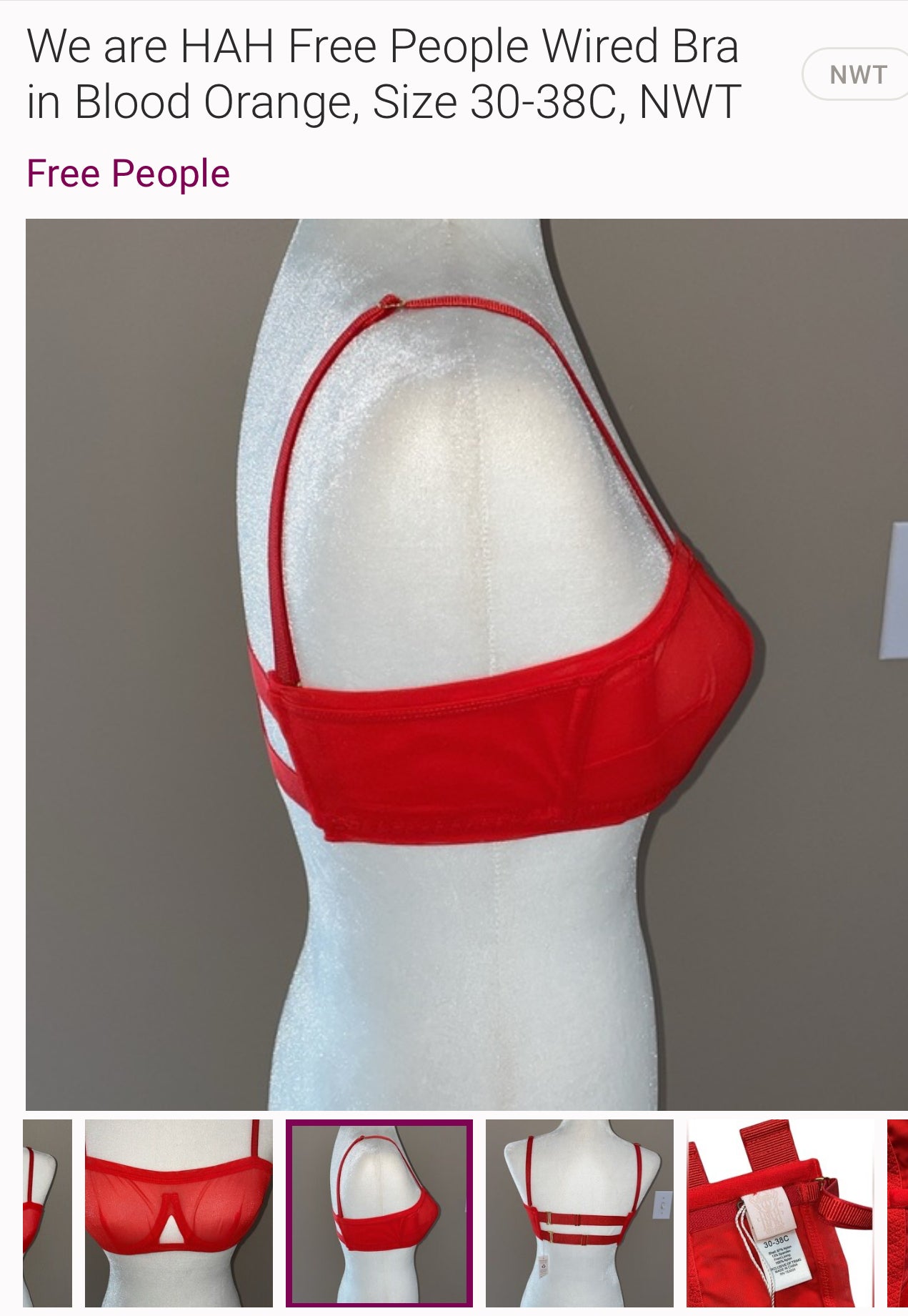 Free People We are Hah Wired Bras Lingerie Blood Orange 30-38 A