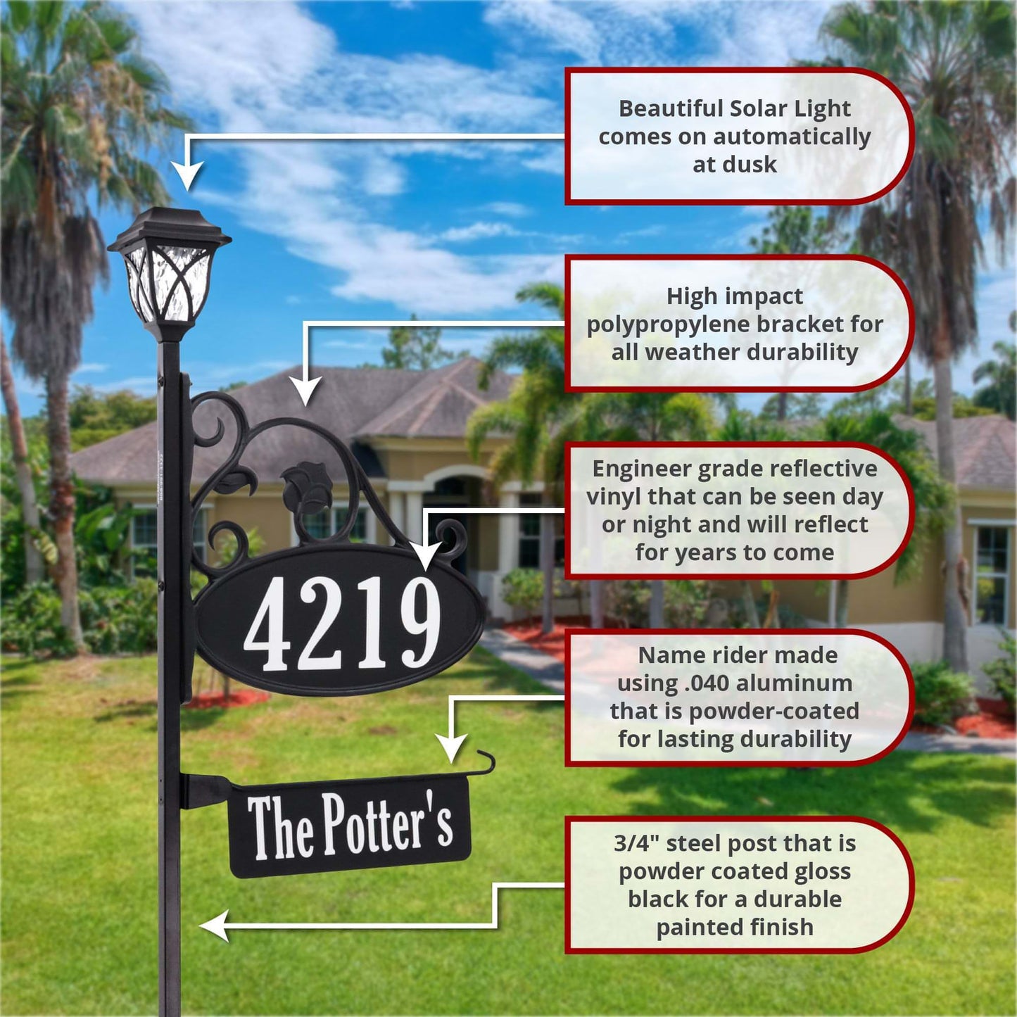 Address America Park Place with Name Rider and Solar Light