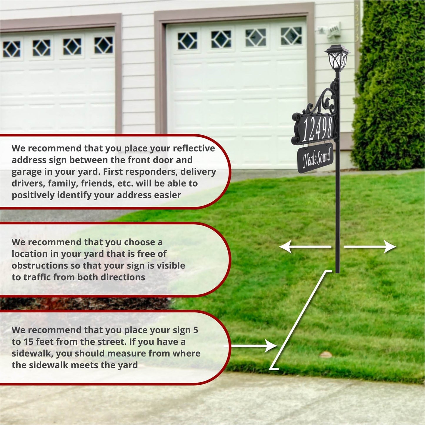 Boardwalk Reflective Address Sign With Name Rider and LED Solar Light