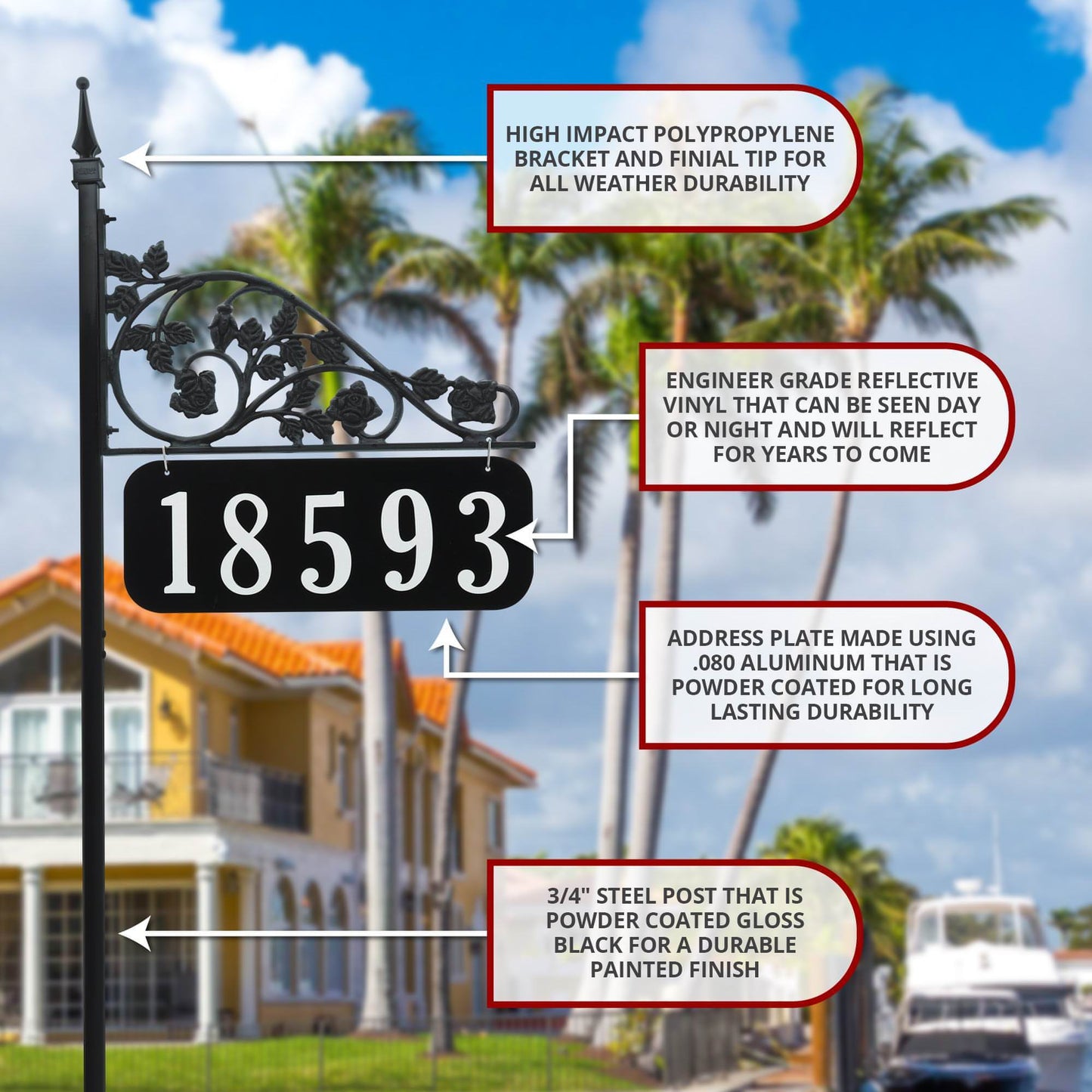 Rose Reflective Address Sign on 47" or 58" Pole