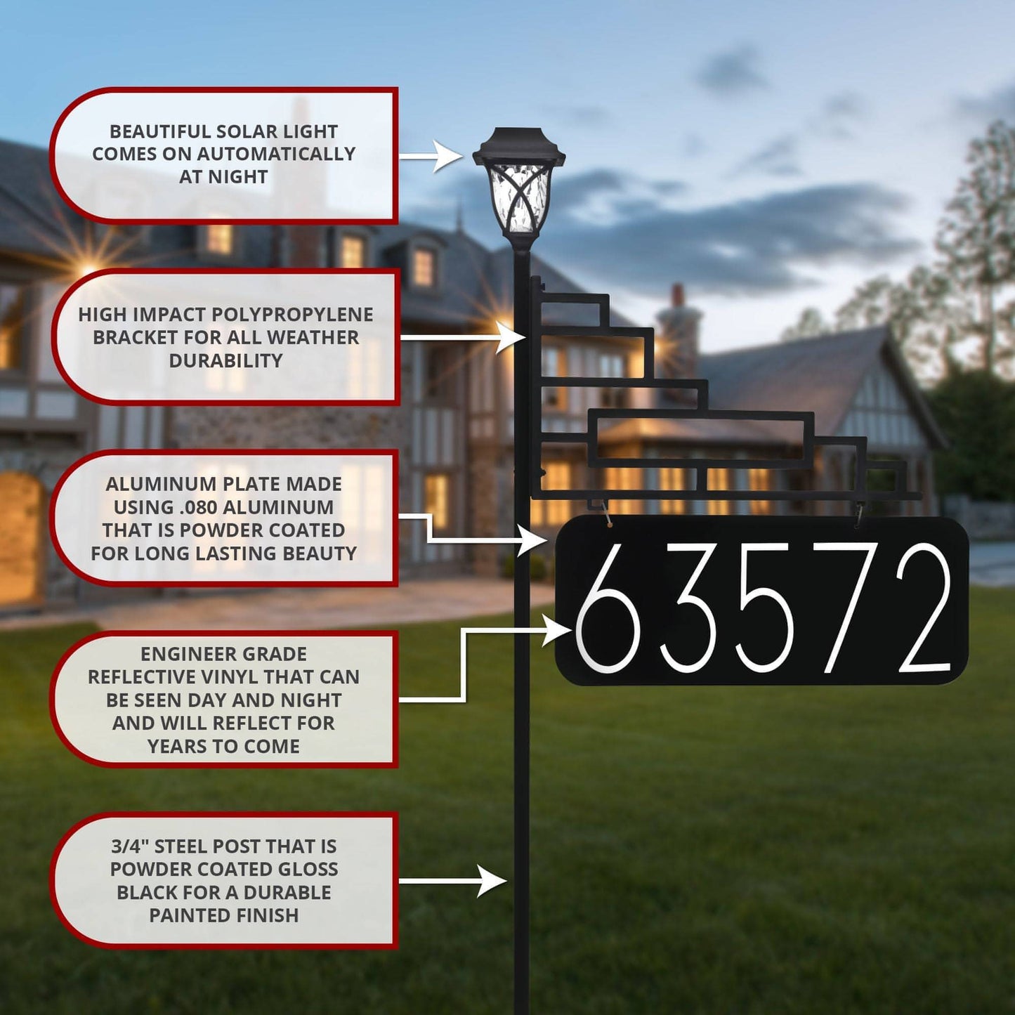 Address America XL Contemporary Reflective 911 Yard Address Sign with Decorative Solar Light - 6" Numbers on Both Sides