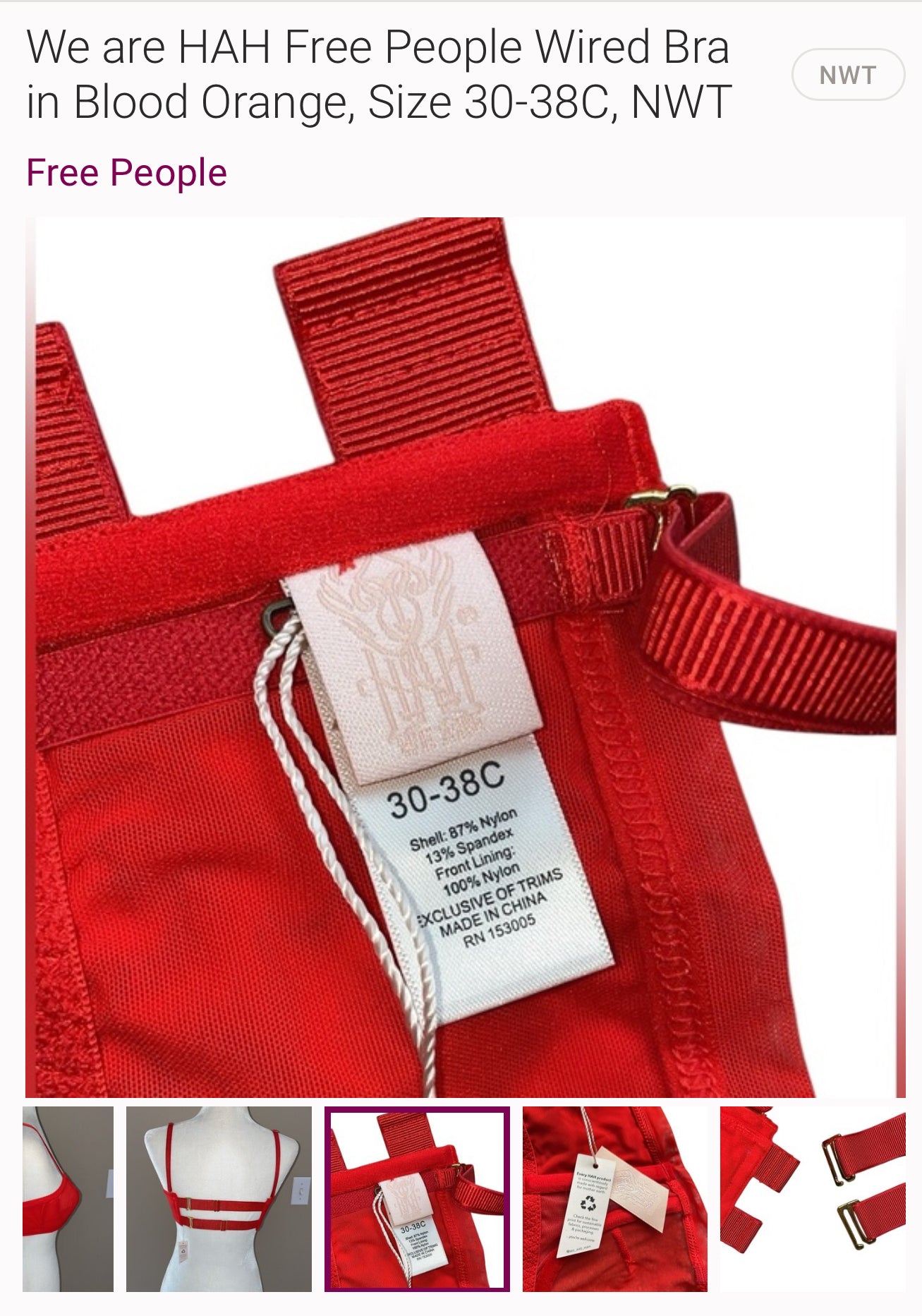Free People We are Hah Wired Bras Lingerie Blood Orange 30-38 A