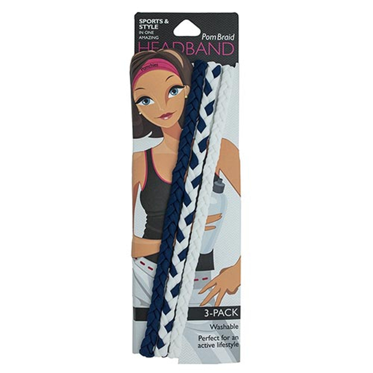 3 Pack Pom Braid Navy/White | Nylon Headband Hair Accessory