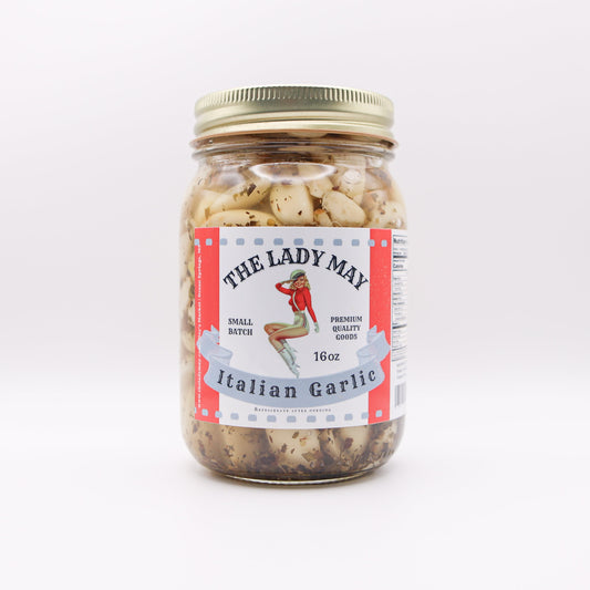 The Lady May Italian Pickled Garlic - Small Batch Basil Oregano Parsley Garlic