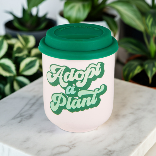 Adopt a Plant Ceramic To Go Mug | Holds 16 oz. | Eco Mug with Silicone Lid and Sleeve