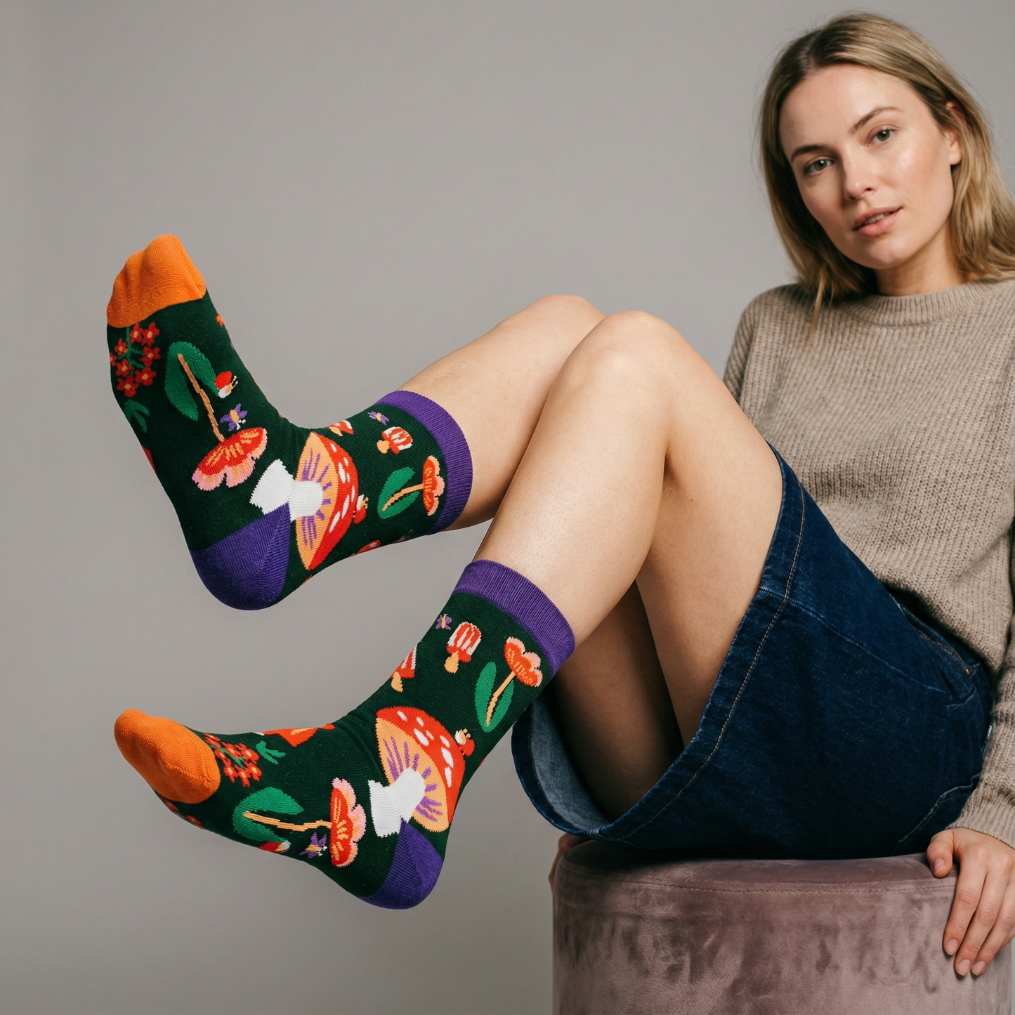 Amanita Trippy Mushroom Black Cotton Crew Socks | Dark Botanical Aesthetic | Poisonous Mushroom