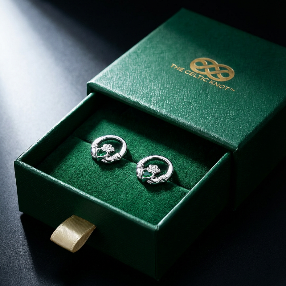 The Claddagh™ Earrings — 18K White Gold | Emerald