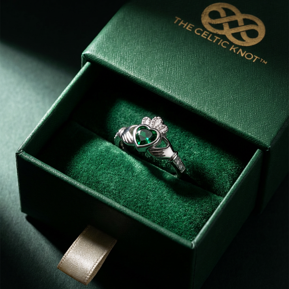 The Claddagh™ Ring — 18K White Gold | Emerald Heart