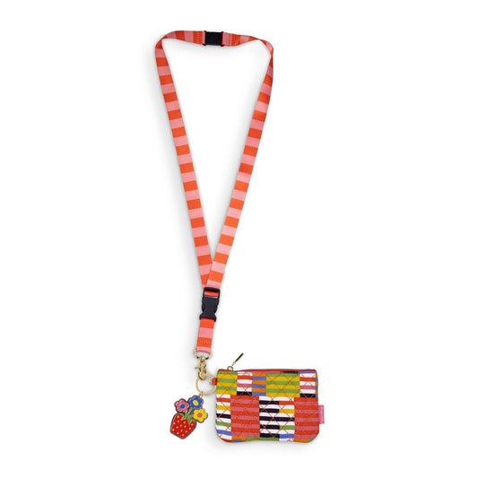 Ban.do Zip ID Lanyard in Black Stripe with Charm | Badge Holder Zippered Pouch with Keychain