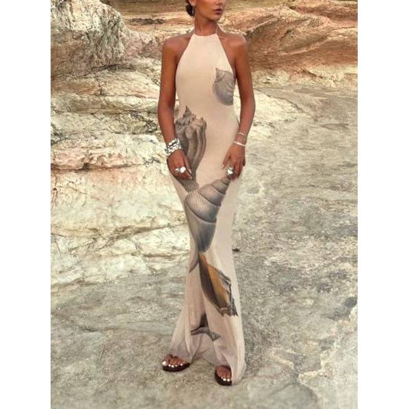 Beach Seashell Print Halterneck Mesh Maxi Dress [Sizes S-L]