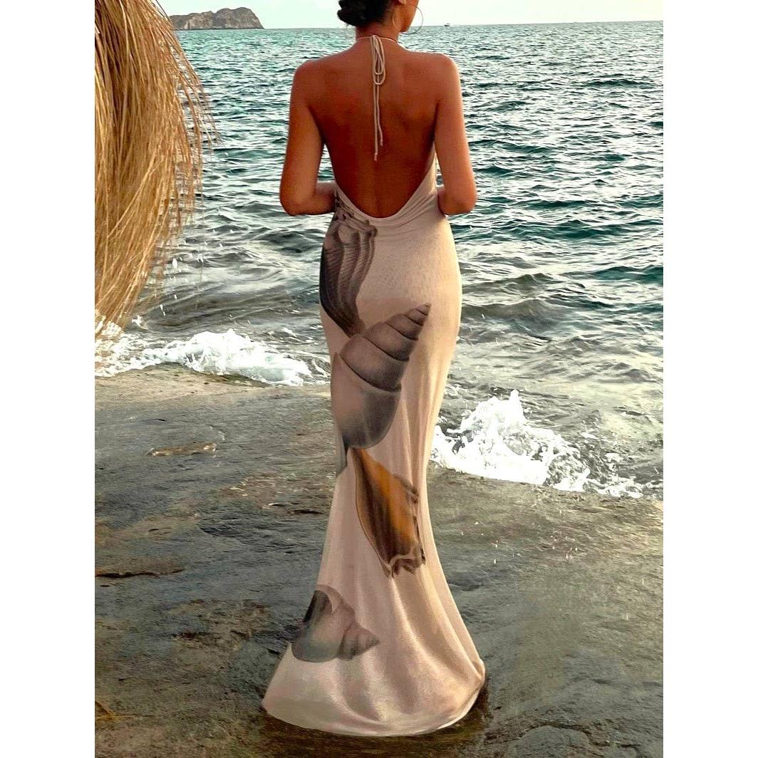Beach Seashell Print Halterneck Mesh Maxi Dress [Sizes S-L]
