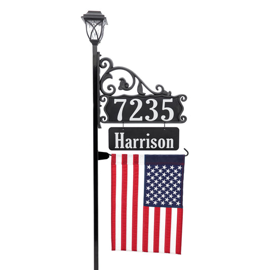Boardwalk Address Sign with Name Rider, Solar Lamp and Flag Option