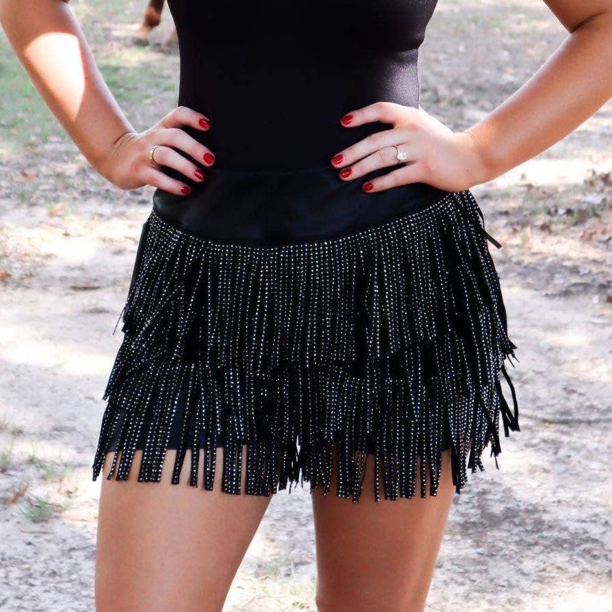 Catalena Fringe Rhinestone Skort Miniskirt Shorts in Black [Available in SM-L]