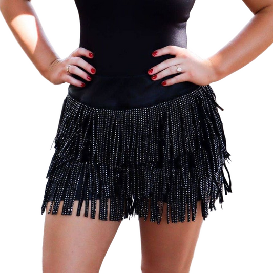 Catalena Fringe Rhinestone Skort Miniskirt Shorts in Black [Available in SM-L]