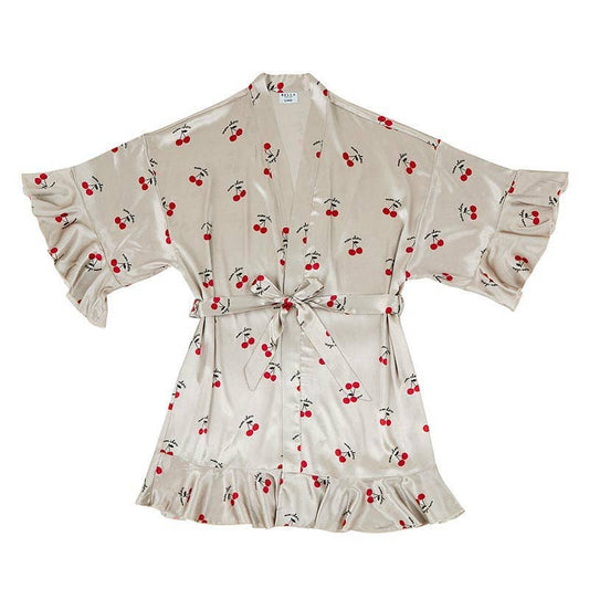 Cherries Ruffled Satin Shortie Robe - Mon Cheri Red and Ivory Wrap Belted Robe [Sizes S/MD - L/XL]