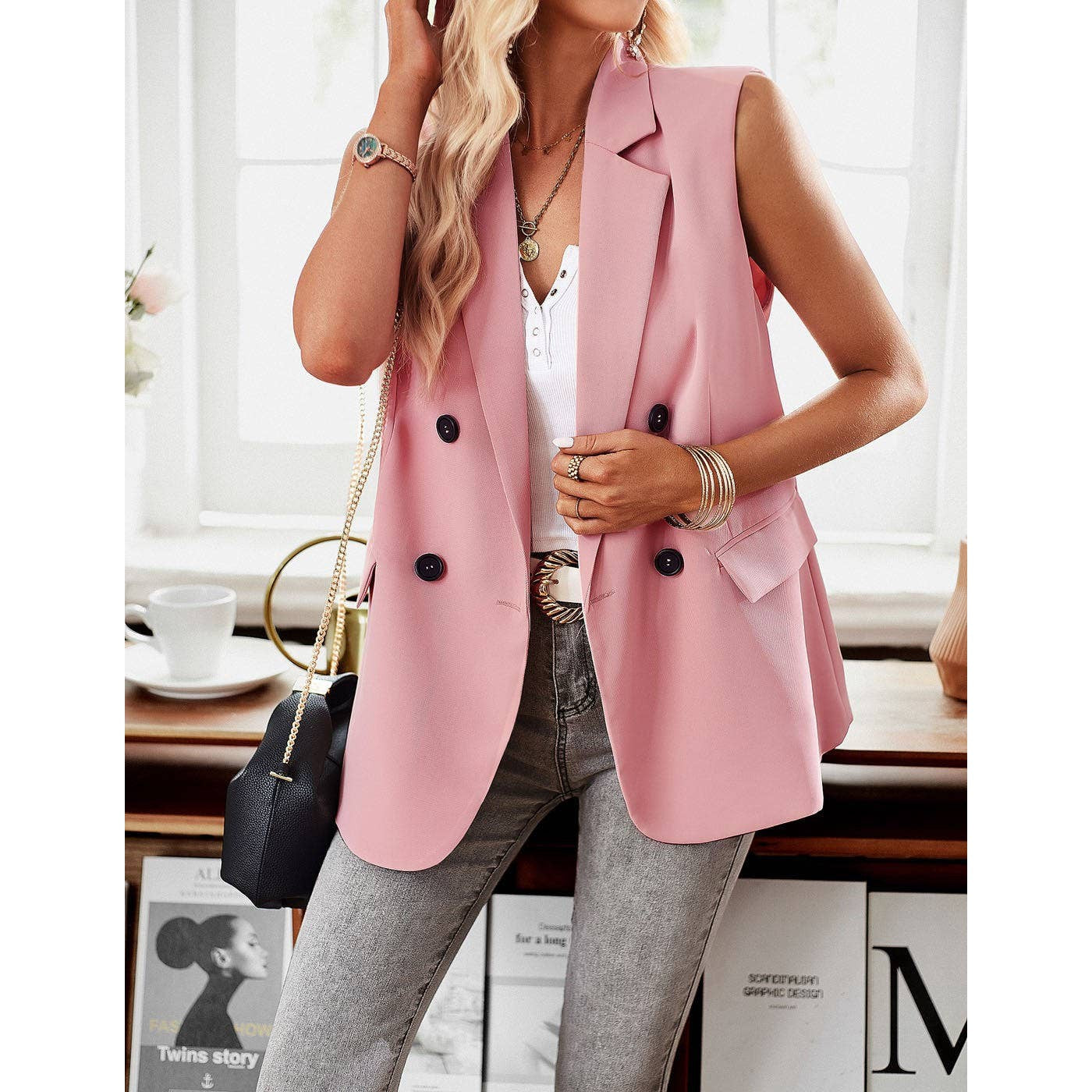 Double Breasted Blazer Vest in Pink [Sizes SM-XL]