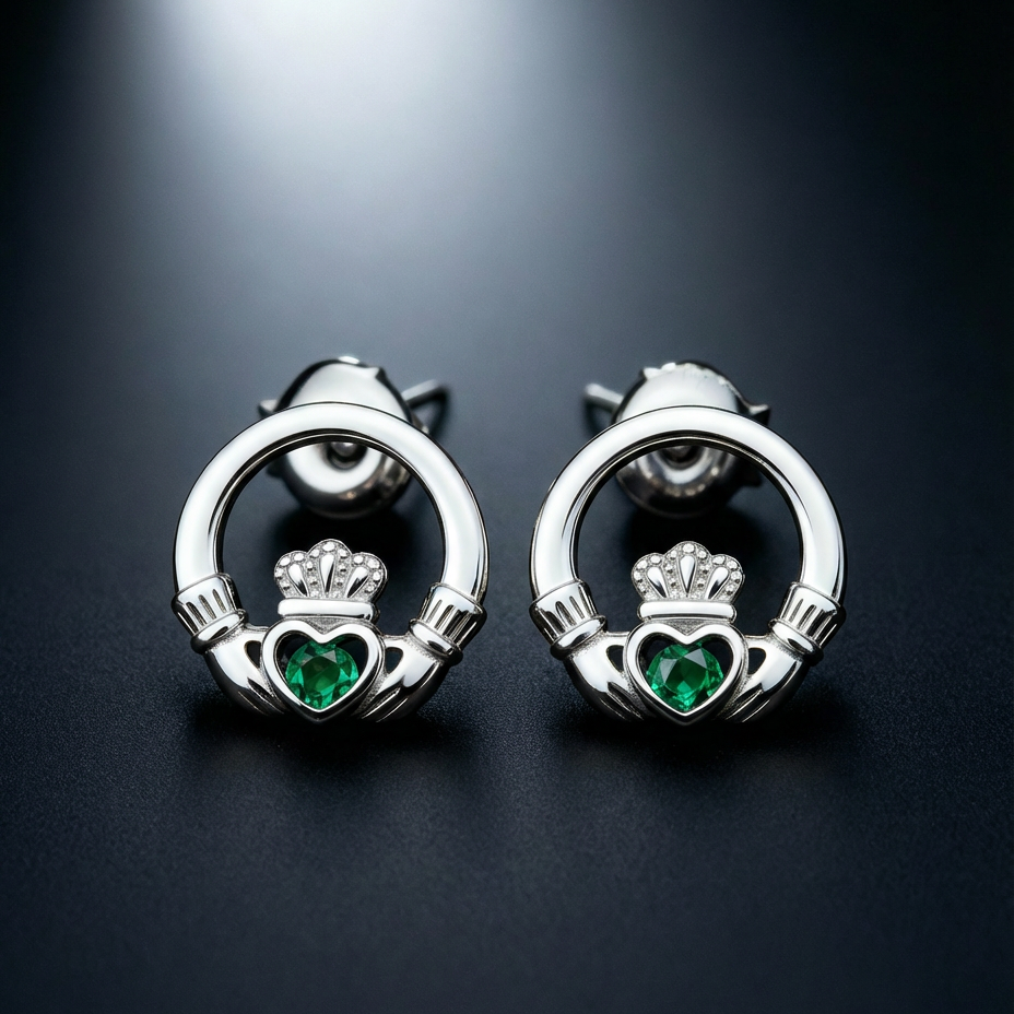 The Claddagh™ Earrings — 18K White Gold | Emerald