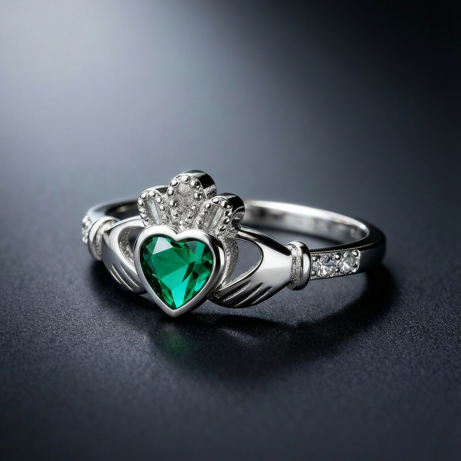 The Claddagh™ Ring — 18K White Gold | Emerald Heart