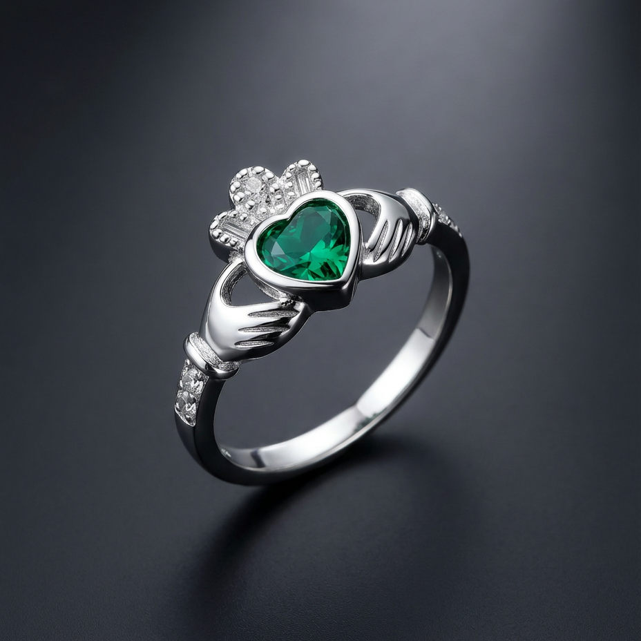 The Claddagh™ Ring — 18K White Gold | Emerald Heart
