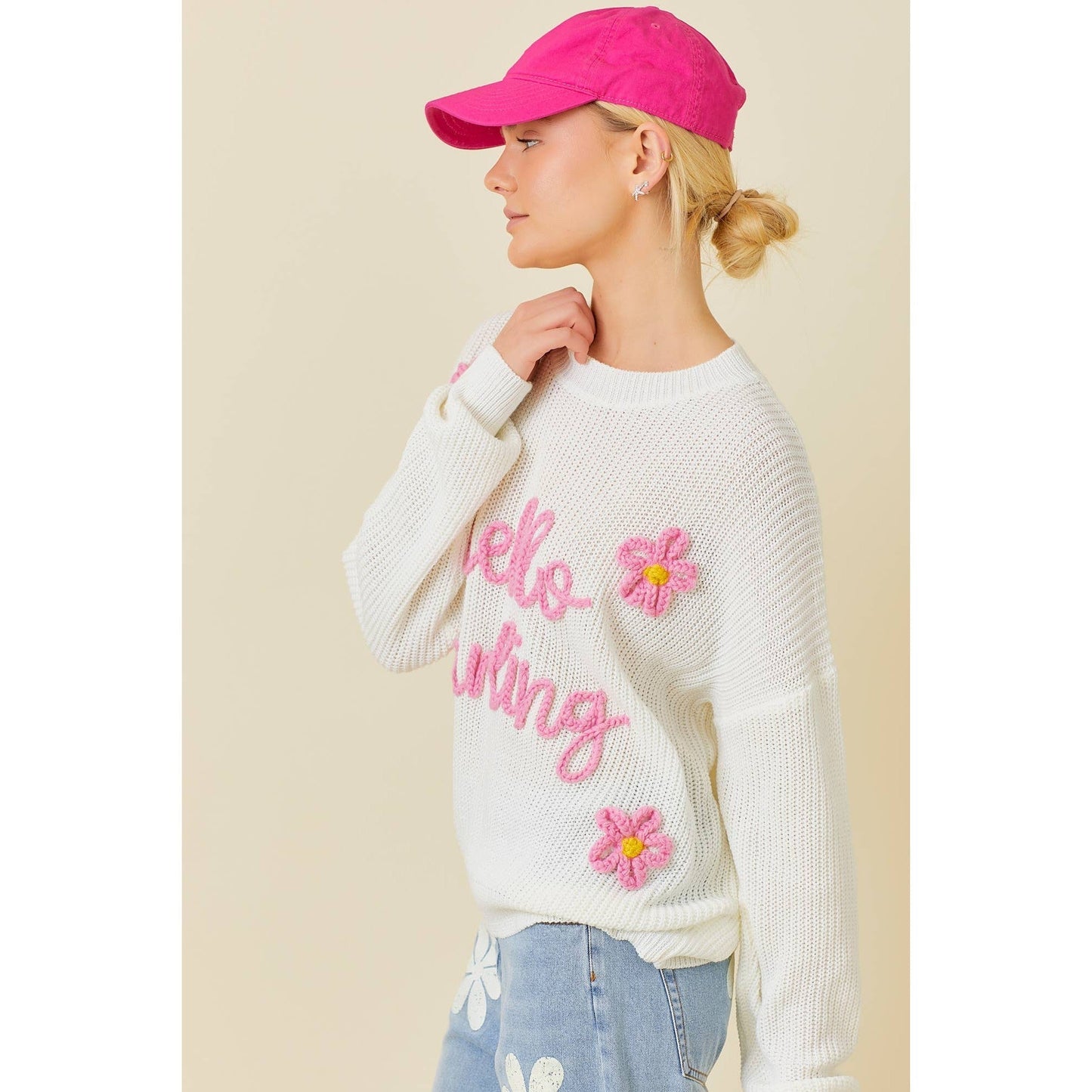 Hello Darling Flower Trim Sweater | Comfy Vintage Knit Sweatshirt [Size SM Remaining]