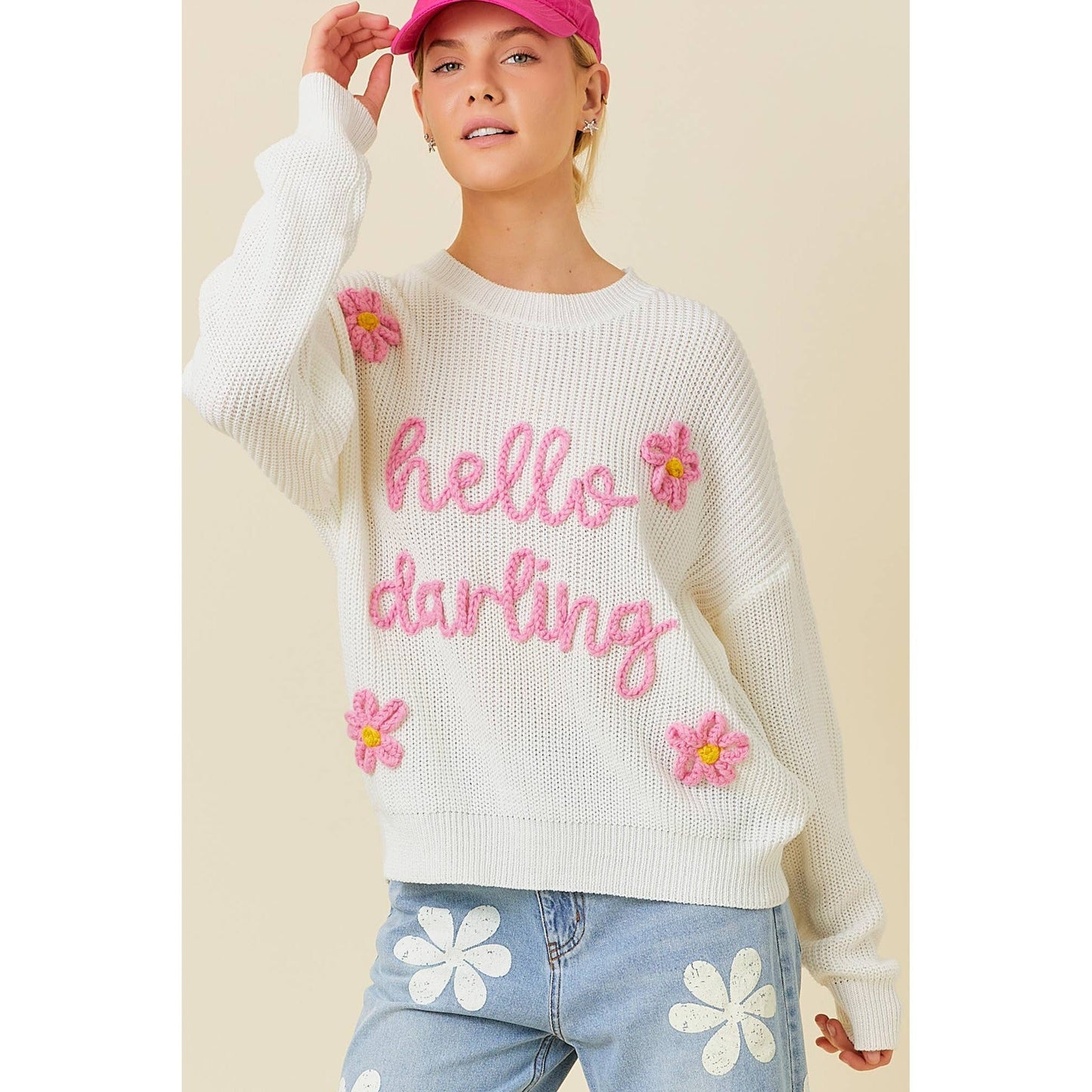 Hello Darling Flower Trim Sweater | Comfy Vintage Knit Sweatshirt [Size SM Remaining]