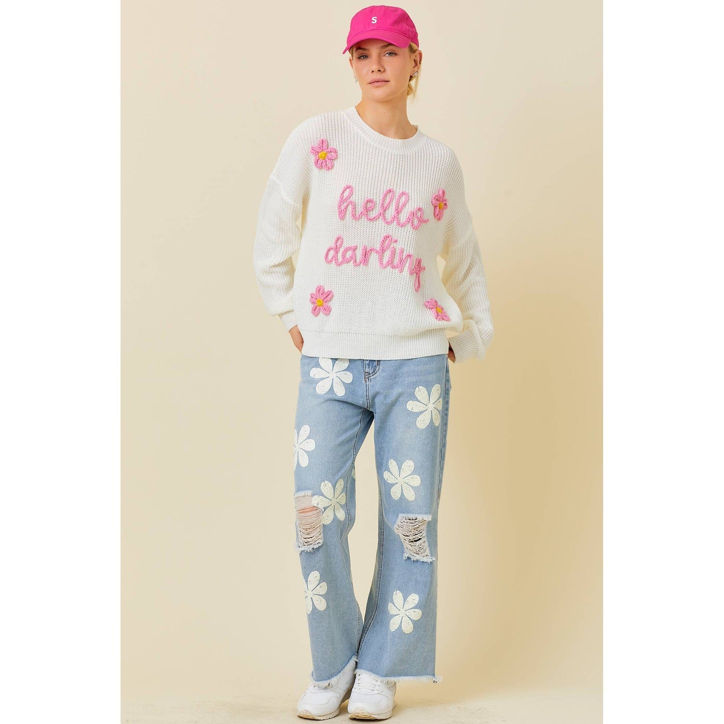 Hello Darling Flower Trim Sweater | Comfy Vintage Knit Sweatshirt [Size SM Remaining]