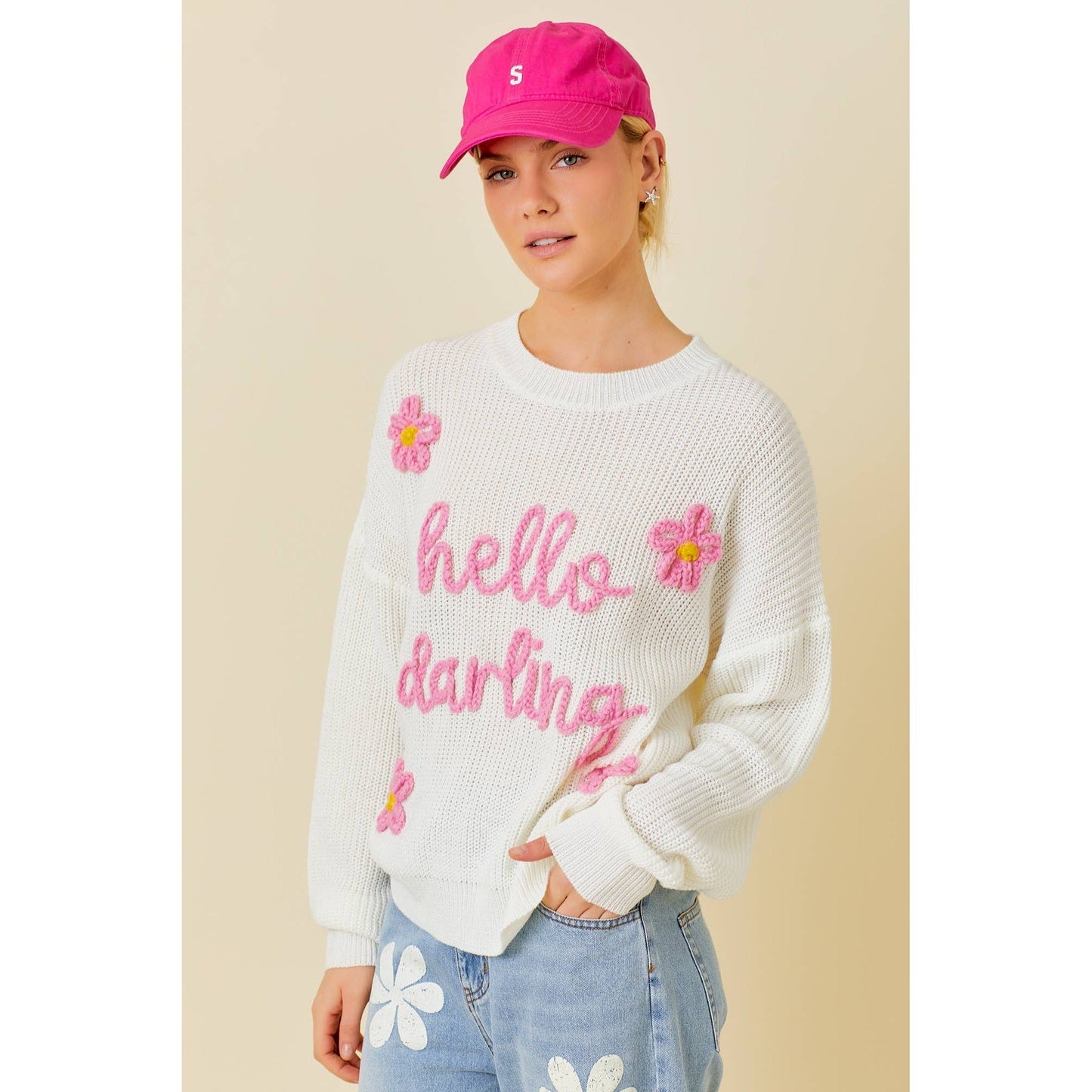 Hello Darling Flower Trim Sweater | Comfy Vintage Knit Sweatshirt [Size SM Remaining]