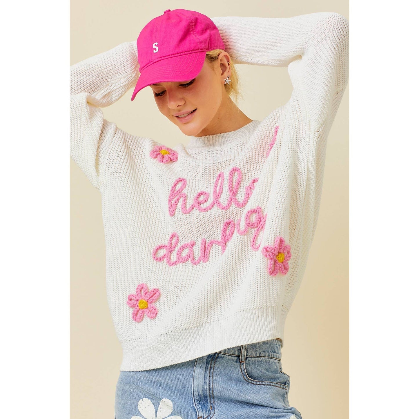 Hello Darling Flower Trim Sweater | Comfy Vintage Knit Sweatshirt [Size SM Remaining]