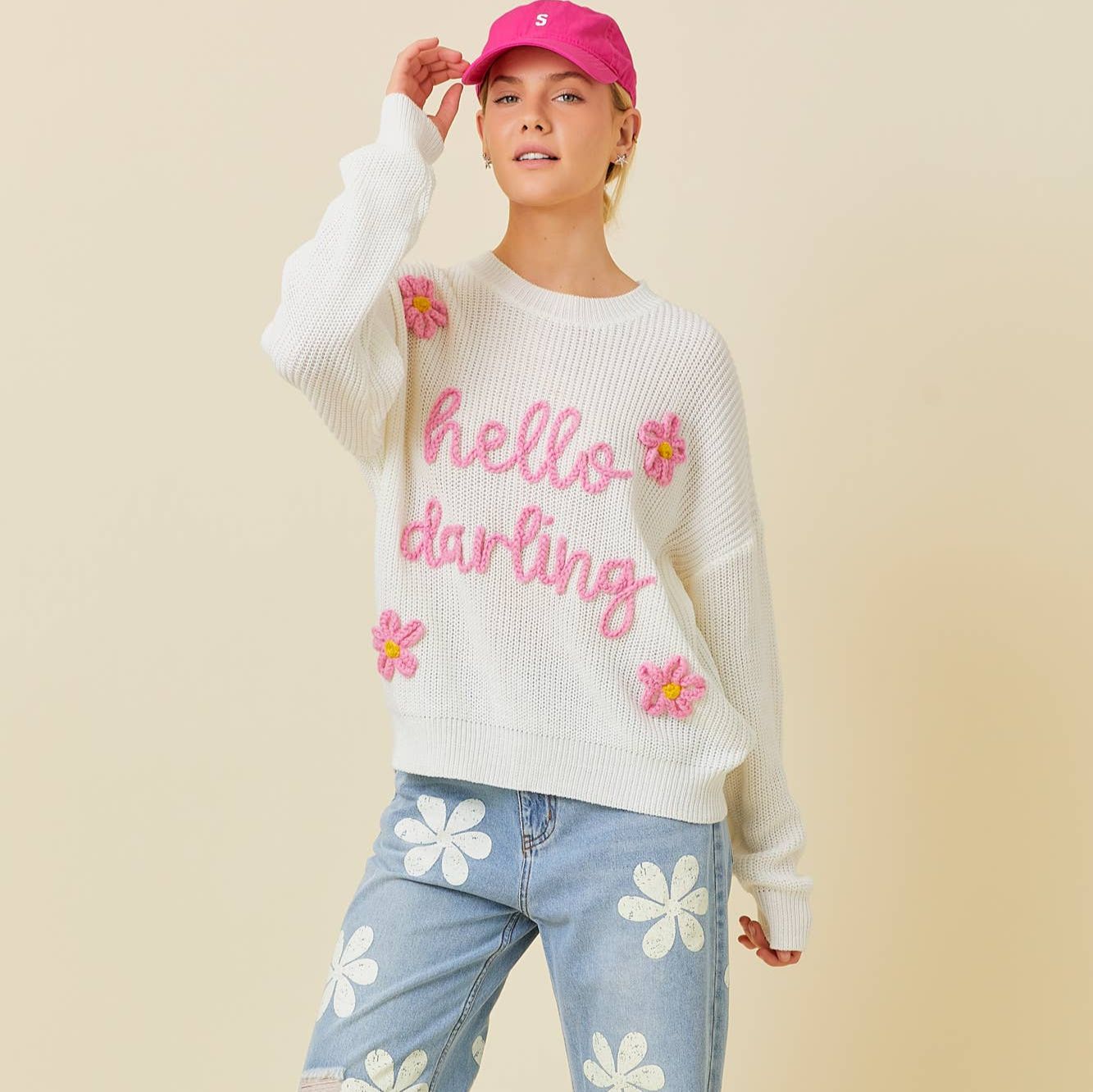 Hello Darling Flower Trim Sweater | Comfy Vintage Knit Sweatshirt [Size SM Remaining]