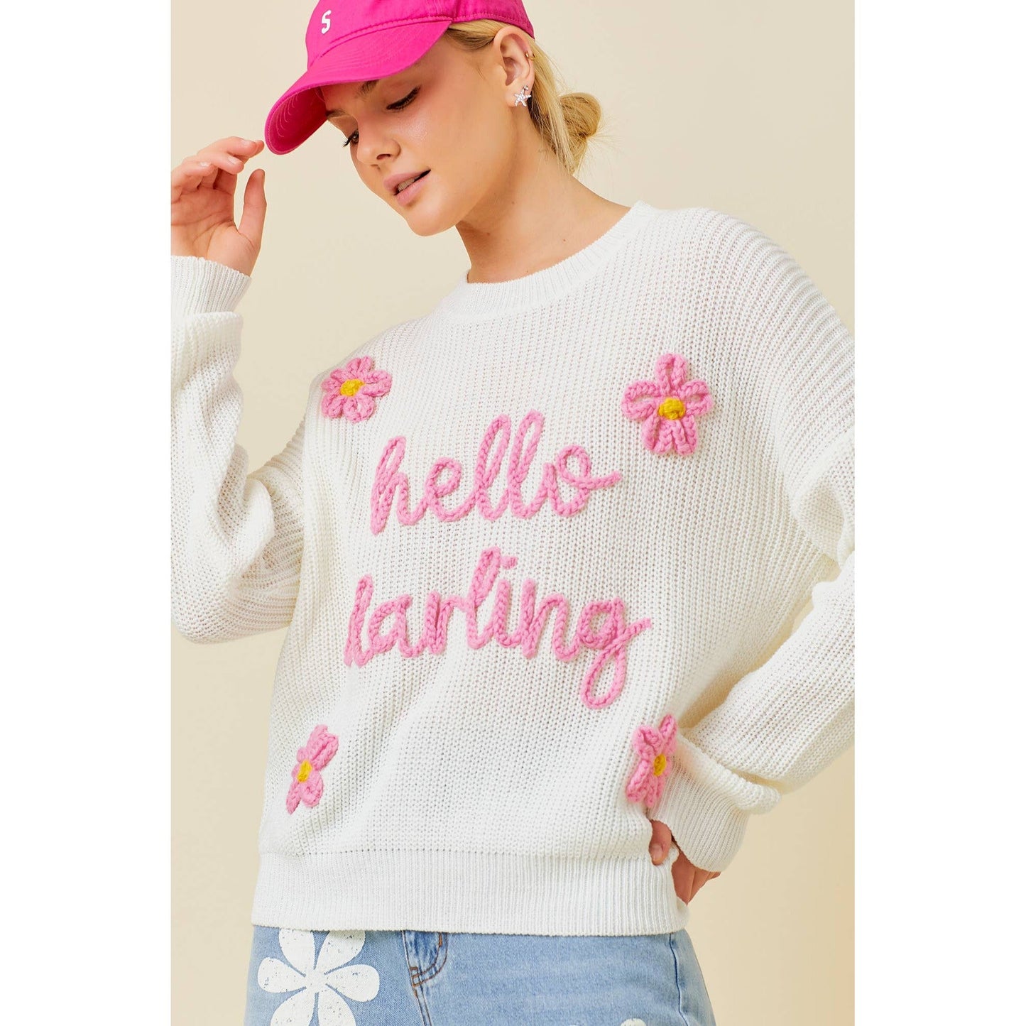 Hello Darling Flower Trim Sweater | Comfy Vintage Knit Sweatshirt [Size SM Remaining]