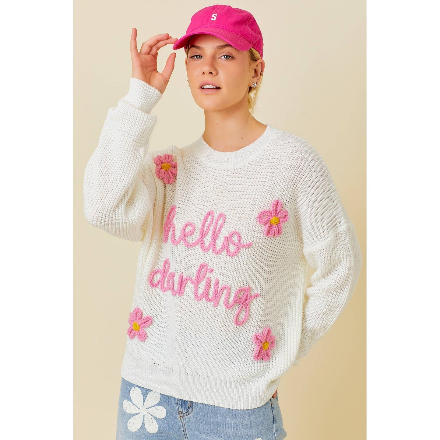 Hello Darling Flower Trim Sweater | Comfy Vintage Knit Sweatshirt [Size SM Remaining]