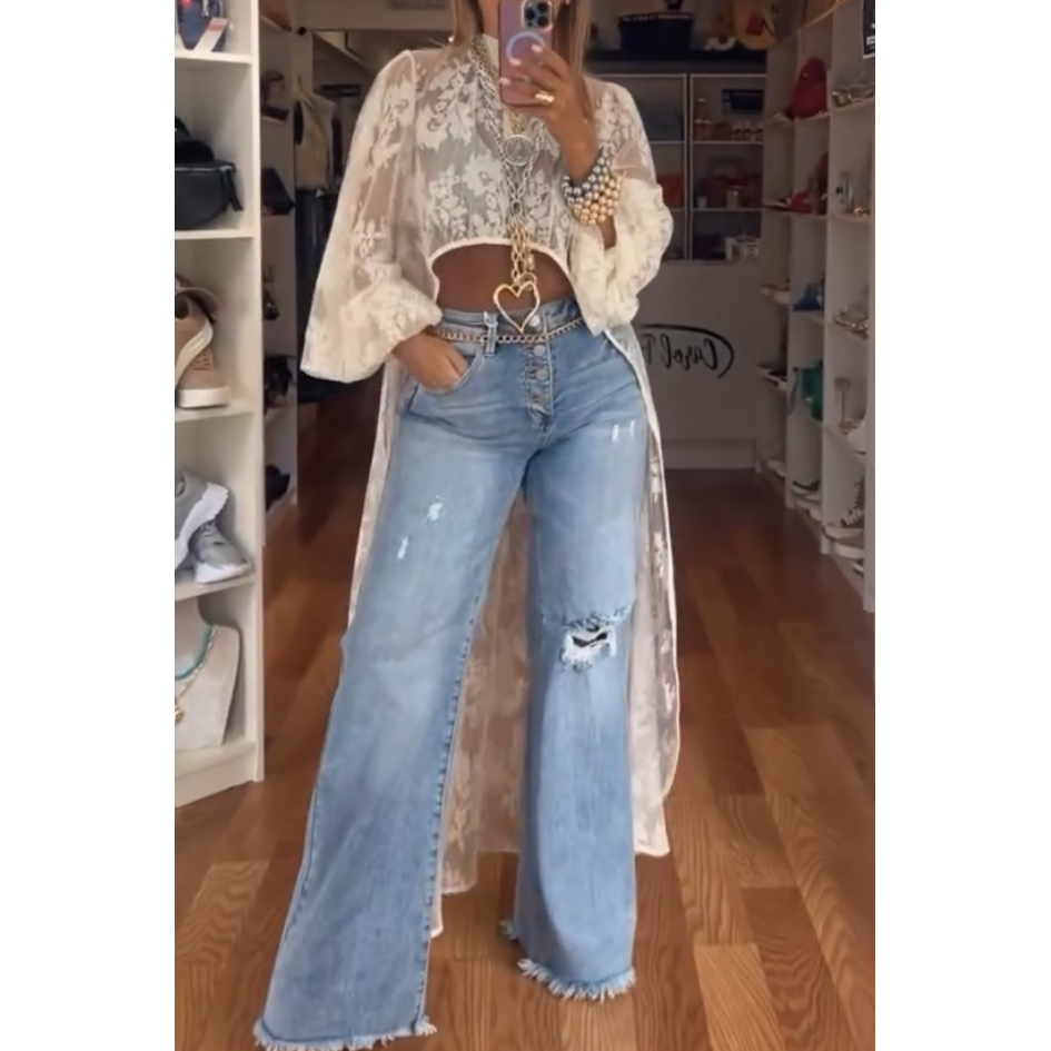 High-Low Bohemia Floral Sheer Lace Duster Blouse [Sizes S-L]