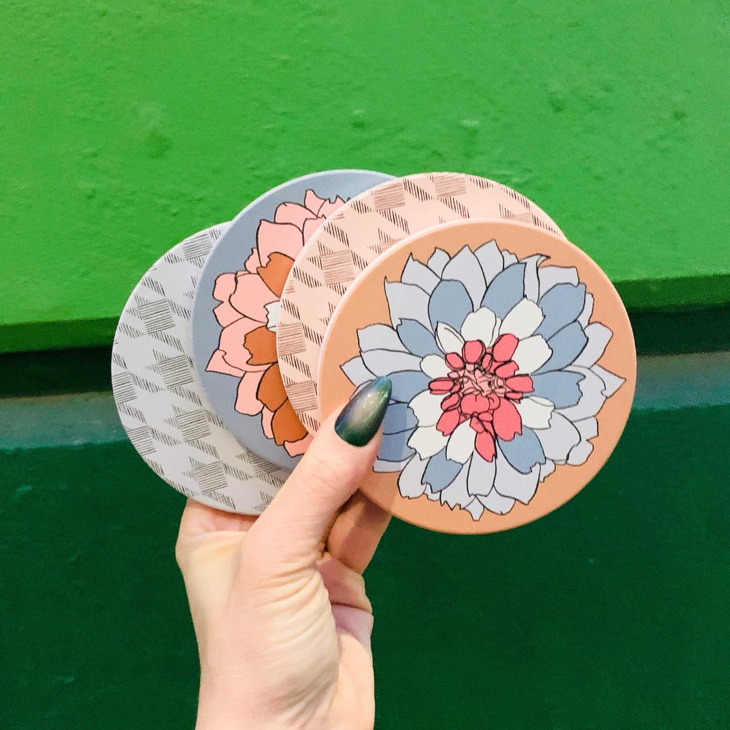 Houndstooth & Flower Ceramic Coaster Set of 4