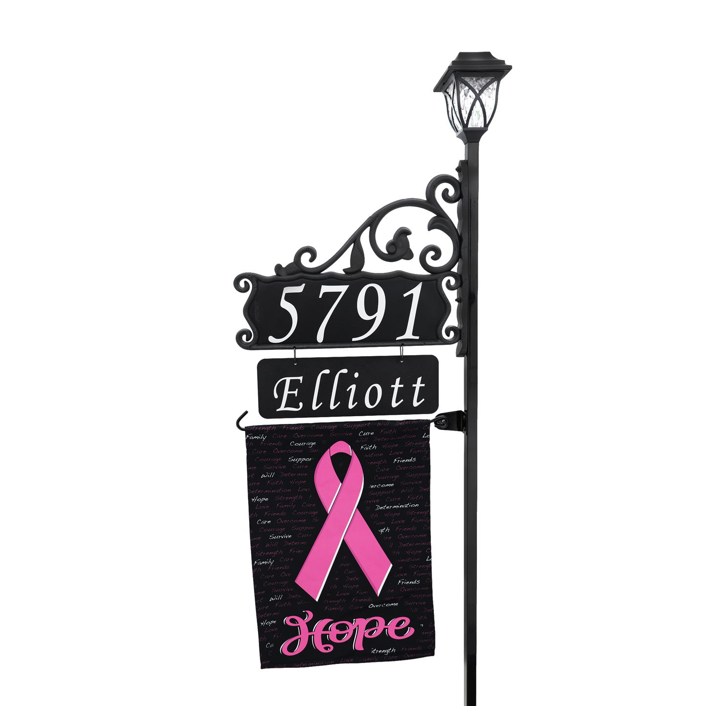 Boardwalk Address Sign with Name Rider, Solar Lamp and Flag Option