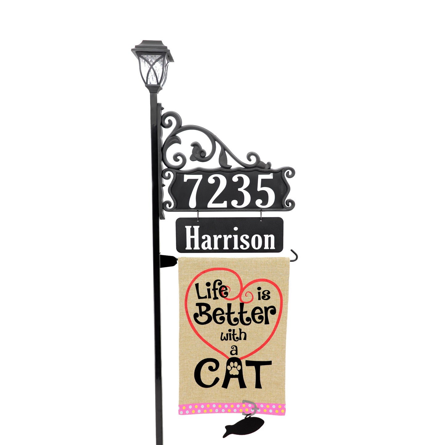 Boardwalk Address Sign with Name Rider, Solar Lamp and Flag Option