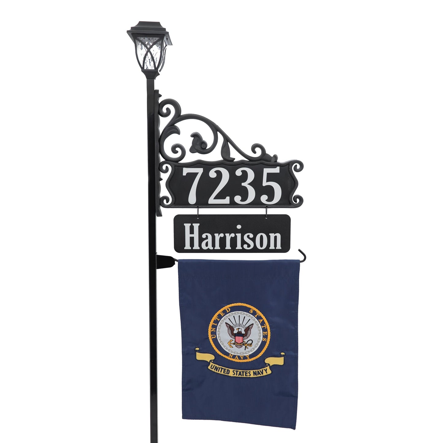 Boardwalk Address Sign with Name Rider, Solar Lamp and Flag Option
