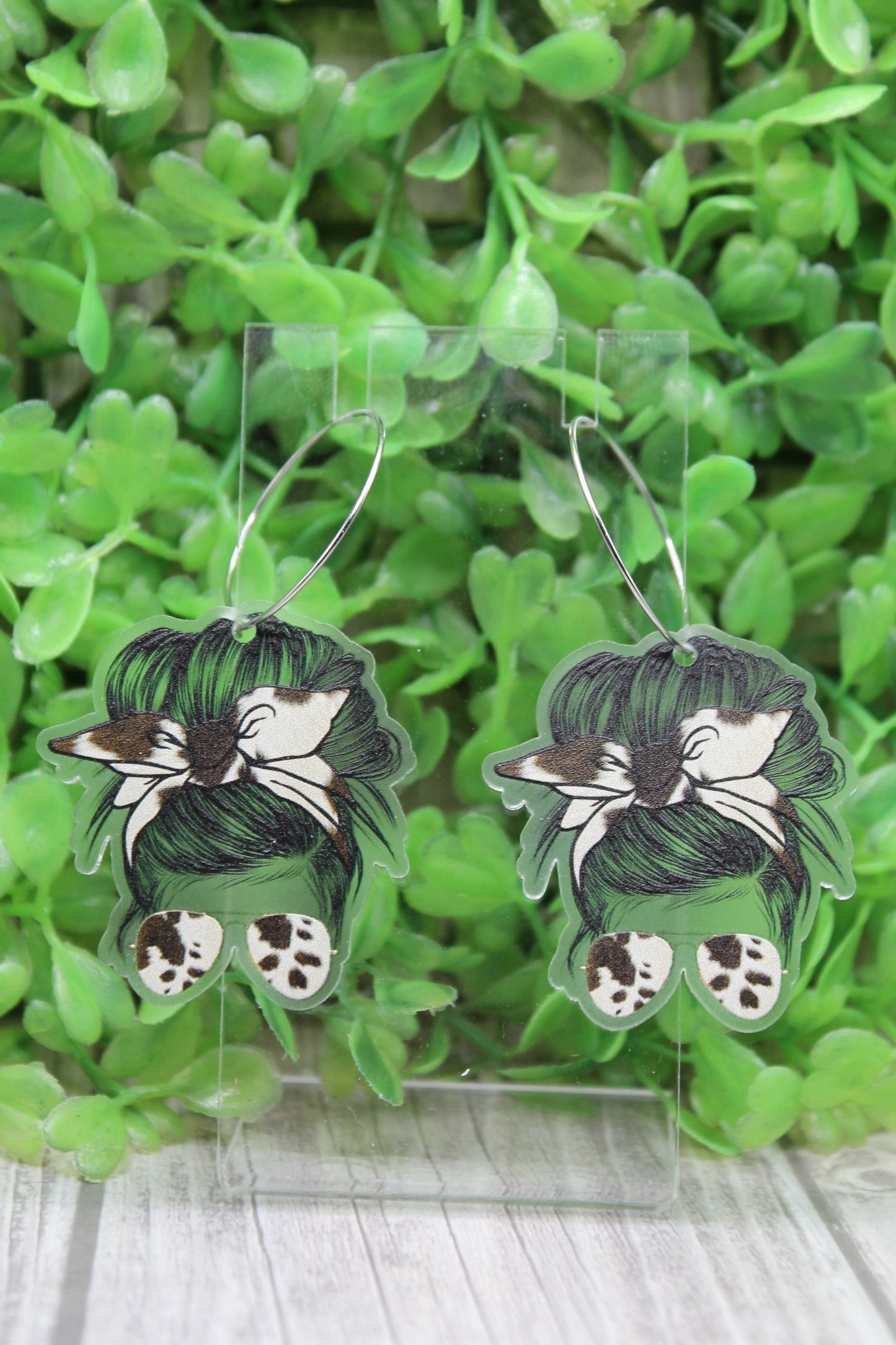 Brown Cow Spot Messy Bun Dangle Earrings