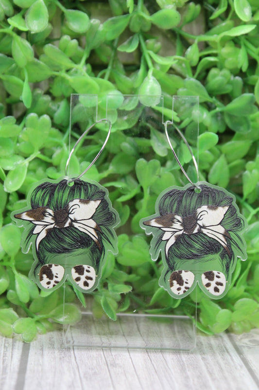 Brown Cow Spot Messy Bun Dangle Earrings
