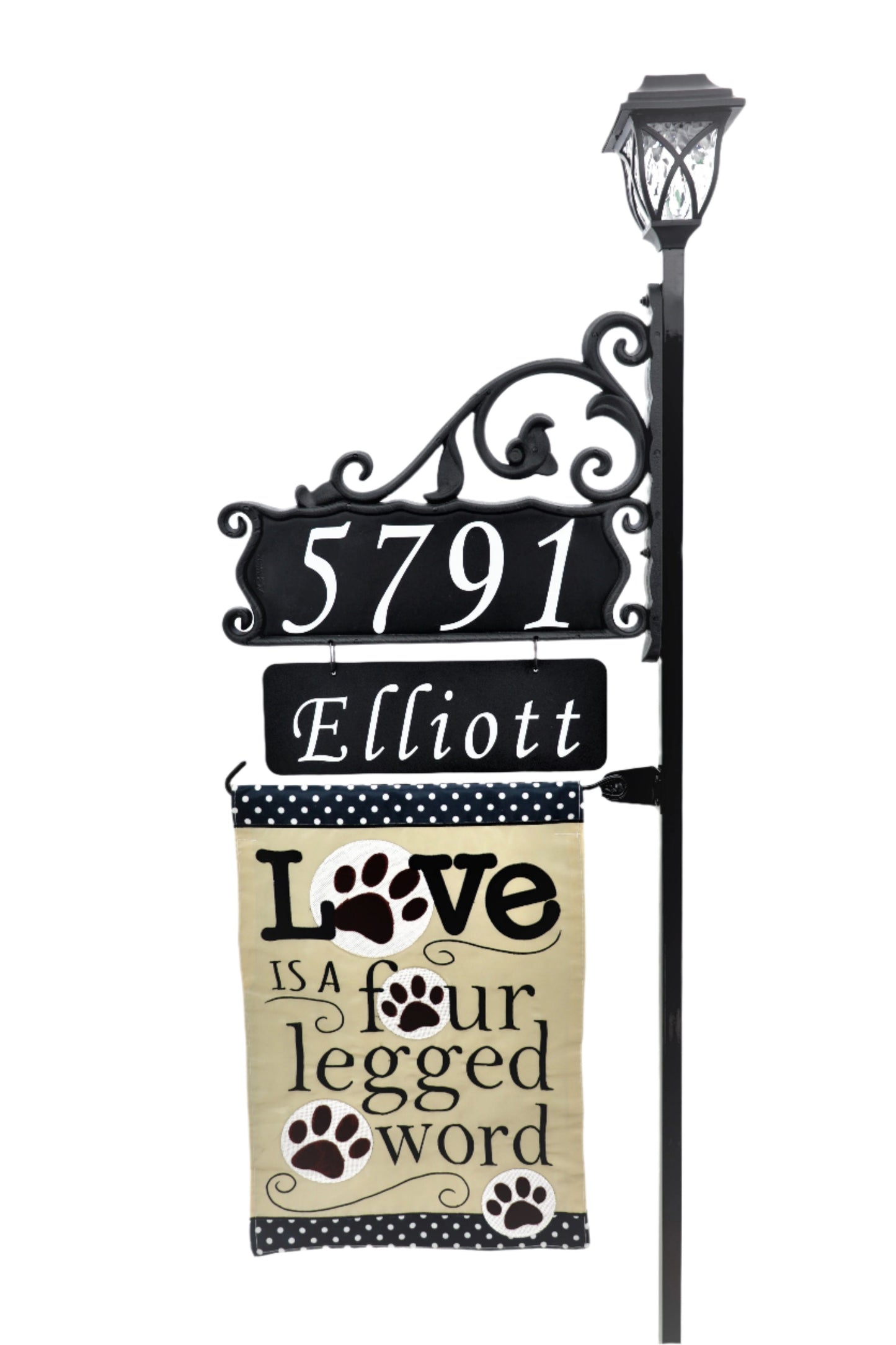 Boardwalk Address Sign with Name Rider, Solar Lamp and Flag Option