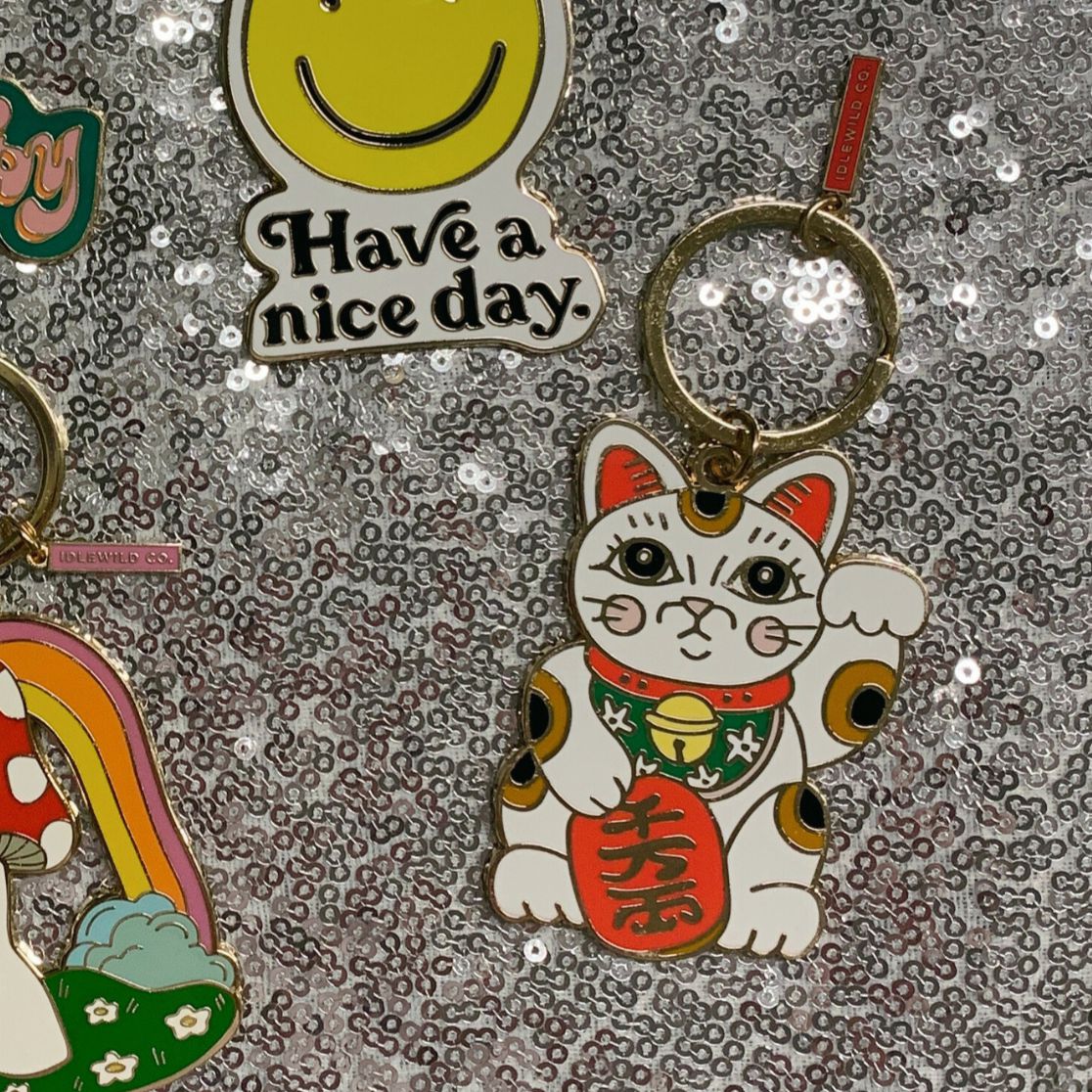 Maneki Neko Cute Cat  Brass and Enamel Keychain | Good Luck Charm Key Ring Holder