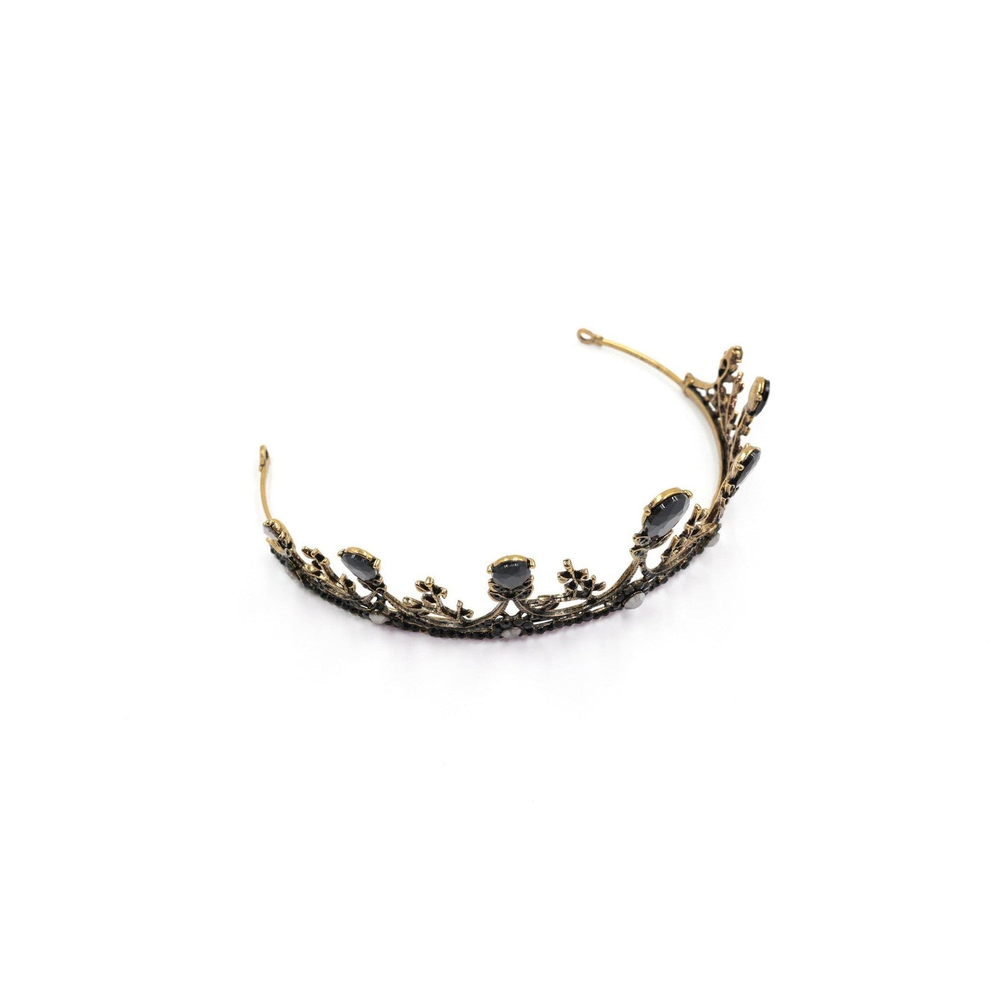 Midnight Blossom Tiara Crown in Gold with Black Gems | Dark Princess Gothic Crown Party or Bridal Hair Accessory